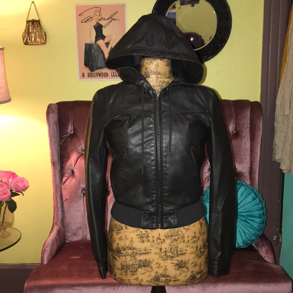 Faux Leather bomber jacket with hood